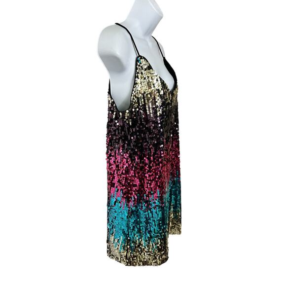 Colorful Sequin Party Mini Dress Sz M Sleeveless V-Neck Prom Discocore Y2K - Picture 3 of 5
